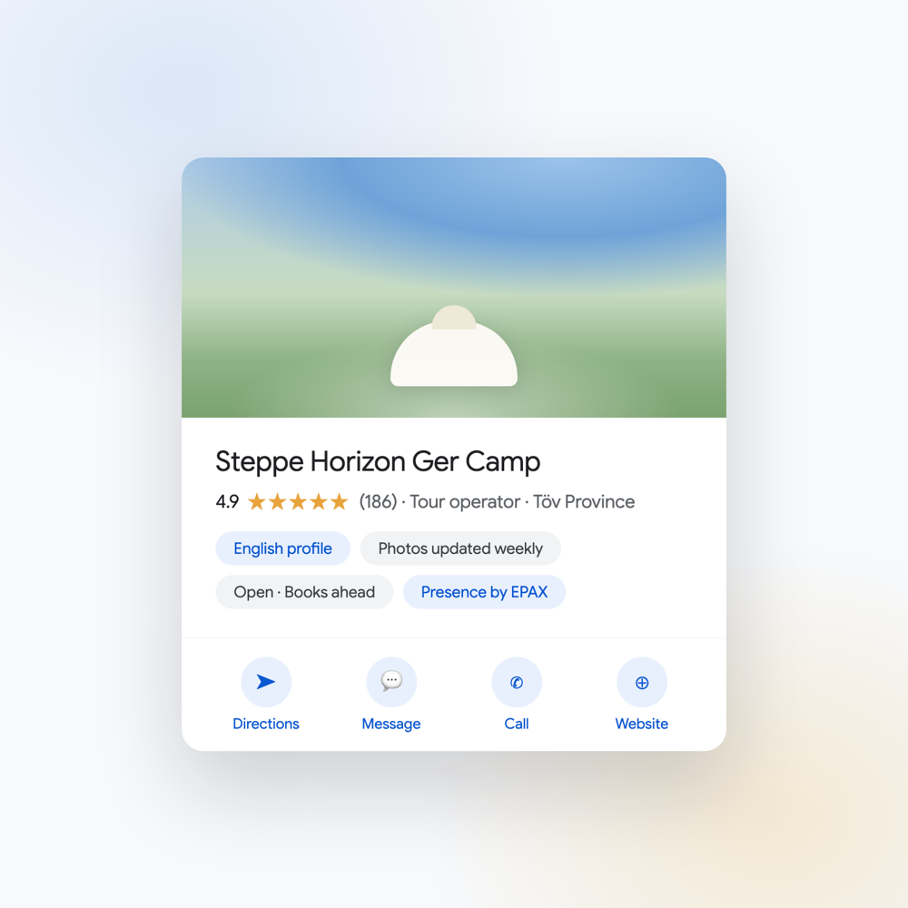 Google Maps, TripAdvisor, and Booking.com — fully set up and optimized in English. When 809,000 foreign tourists search for a place to stay, eat, or explore, your business is what they find first.